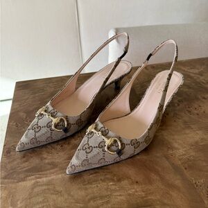 Gucci Brown GG Supreme Slingback Kitten Heel Pumps with Gold Horsebit